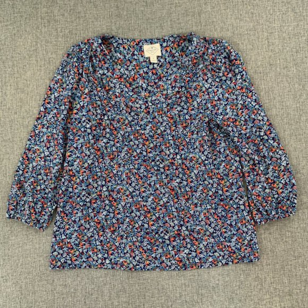 Womens St John Bay Floral Blouse Small 100% Rayon Blue Red Green 3/4 Balloon Sle